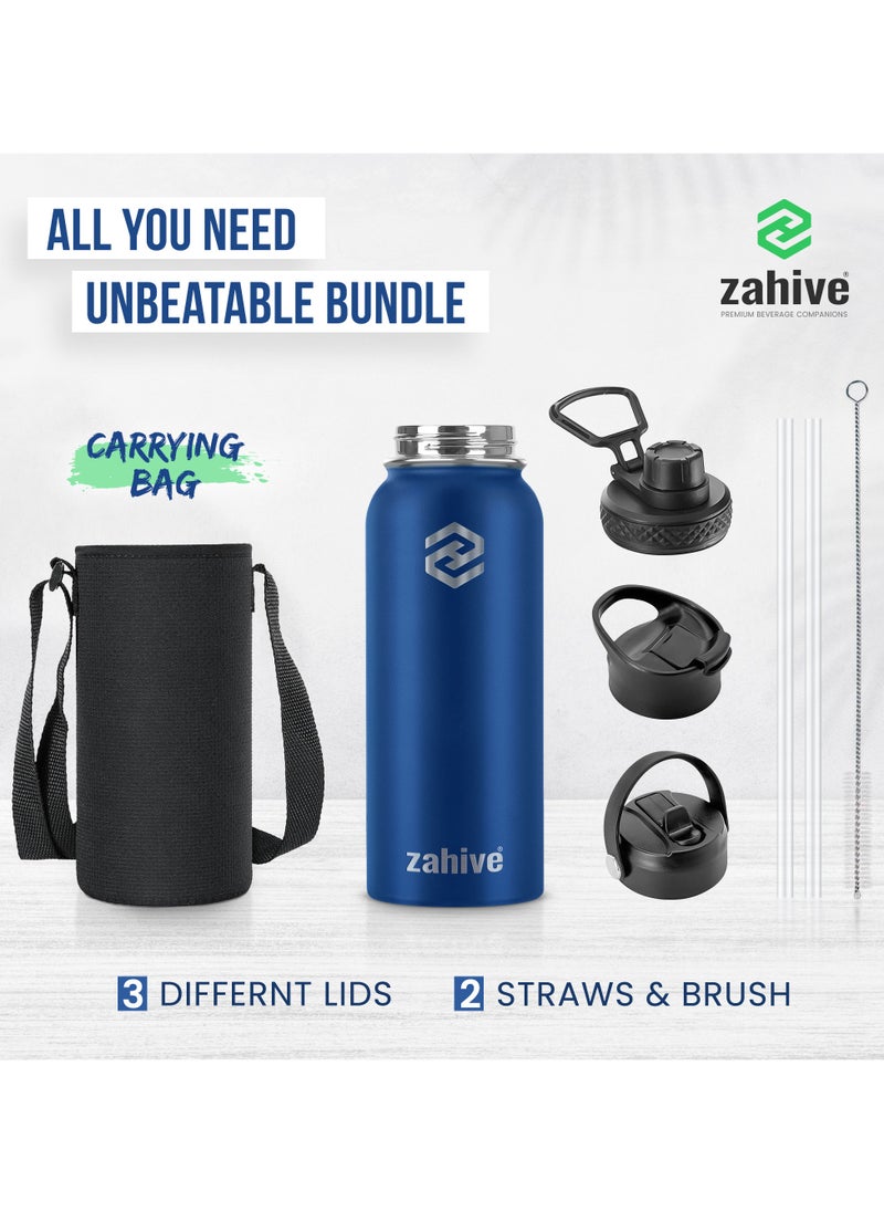 Zahive Insulated Stainless Steel Water Bottle with Straw with 3 Lids and Bag 1000 ml, Double Wall Thermos for Hot and Cold Drinks for Gym and Work, Wide Mouth, Leak Proof, 1 liter, Navy Blue  - Image 2
