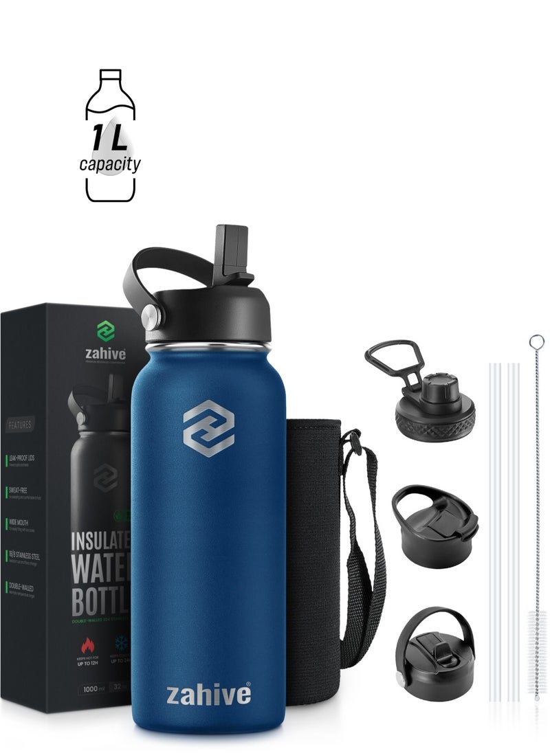 Zahive Insulated Stainless Steel Water Bottle with Straw with 3 Lids and Bag 1000 ml, Double Wall Thermos for Hot and Cold Drinks for Gym and Work, Wide Mouth, Leak Proof, 1 liter, Navy Blue  - Image 1