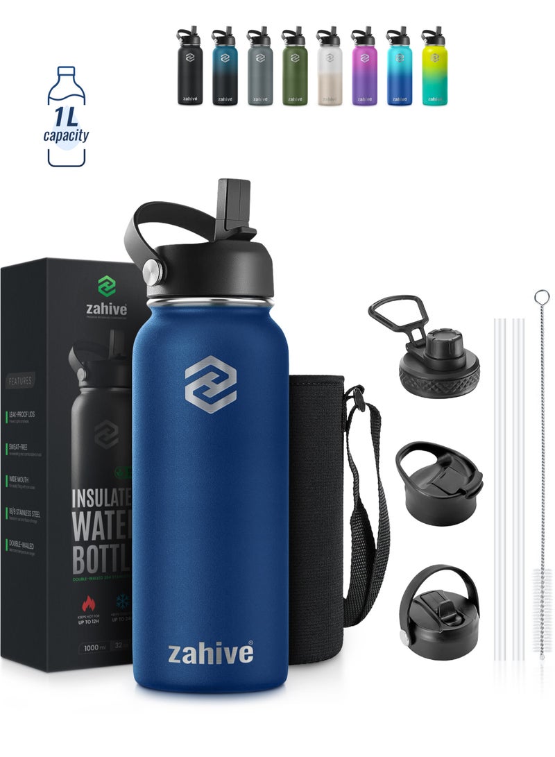زاهايف زجاجة مياه ستانلس ستيل 1 لتر مع 3 أغطية وحقيبة - زجاجه مياه رياضيه ذات جدار مزدوج 1000 مل - مطارة ماء حافظه للحرارة - زمزميه ماء حافظة للبرودة - قارورة ماء ستيل للماء البارد و الساخن من زاهايف - أزرق داكن - Image 1