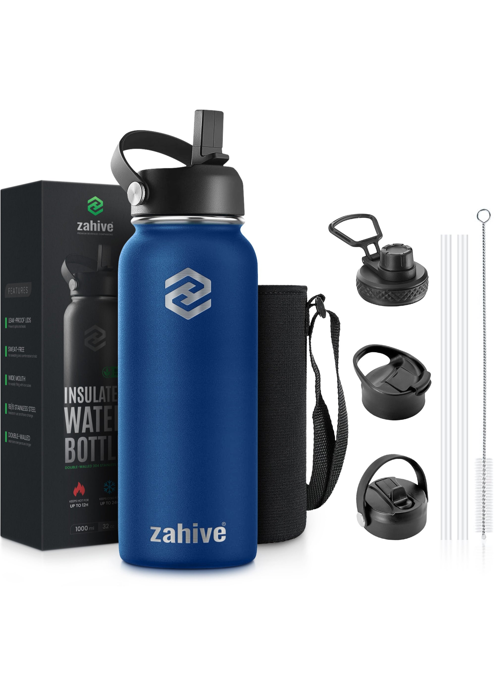 Zahive Stainless Steel Insulated Water Bottle with Straw with 3 Lids and Bag 1000 ml, Double Wall Thermos for Hot and Cold Drinks for Gym and Work, Wide Mouth, Leak Proof, 1 liter, Navy Blue 