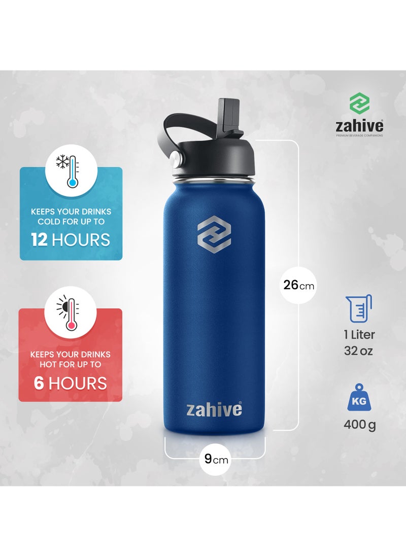 زاهايف - زجاجة مياه ستانلس ستيل 1 لتر مع 3 أغطية وحقيبة - زجاجه مياه رياضيه ذات جدار مزدوج 1000 مل - مطارة ماء حافظه للحرارة - زمزميه ماء حافظة للبرودة - قارورة ماء ستيل للماء البارد و الساخن من زاهايف - أزرق داكن - Image 1
