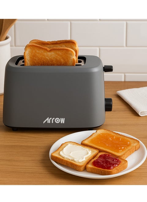 2-Slice Plastic Toaster with 6 Browning Settings, Compact Design, 650W, Black + Dark Grey Color, Removable Crumb Tray, Built-in Cord Storage | Model No: RO-02TD