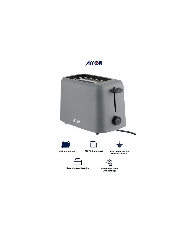 Arrow 2-Slice Plastic Toaster with 6 Browning Settings, Compact Design, 650W, Black + Dark Grey Color, Removable Crumb Tray, Built-in Cord Storage | Model No: RO-02TD  - Image 2