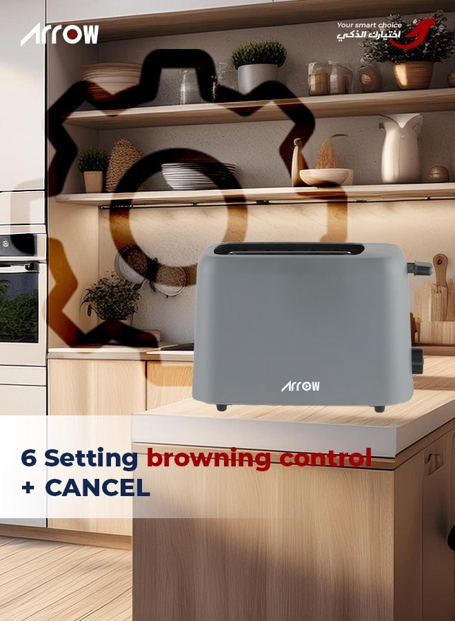 Arrow 2-Slice Plastic Toaster with 6 Browning Settings, Compact Design, 650W, Black + Dark Grey Color, Removable Crumb Tray, Built-in Cord Storage | Model No: RO-02TD - Image 3