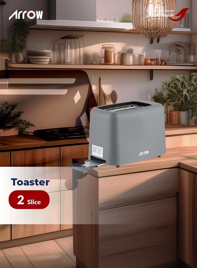 Arrow 2-Slice Plastic Toaster with 6 Browning Settings, Compact Design, 650W, Black + Dark Grey Color, Removable Crumb Tray, Built-in Cord Storage | Model No: RO-02TD - Image 2
