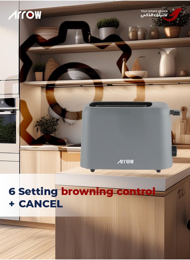 Arrow 2-Slice Plastic Toaster with 6 Browning Settings, Compact Design, 650W, Black + Dark Grey Color, Removable Crumb Tray, Built-in Cord Storage | Model No: RO-02TD  - Image 4