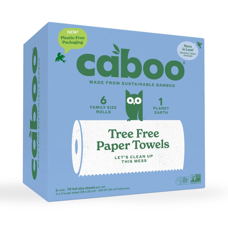 Caboo Tree Free Paper Towels, 6 Rolls, Plastic Free & Eco Friendly, Earth Friendly, Sustainable Kitchen Paper Towels with Strong 2 Ply Sheets - Image 1