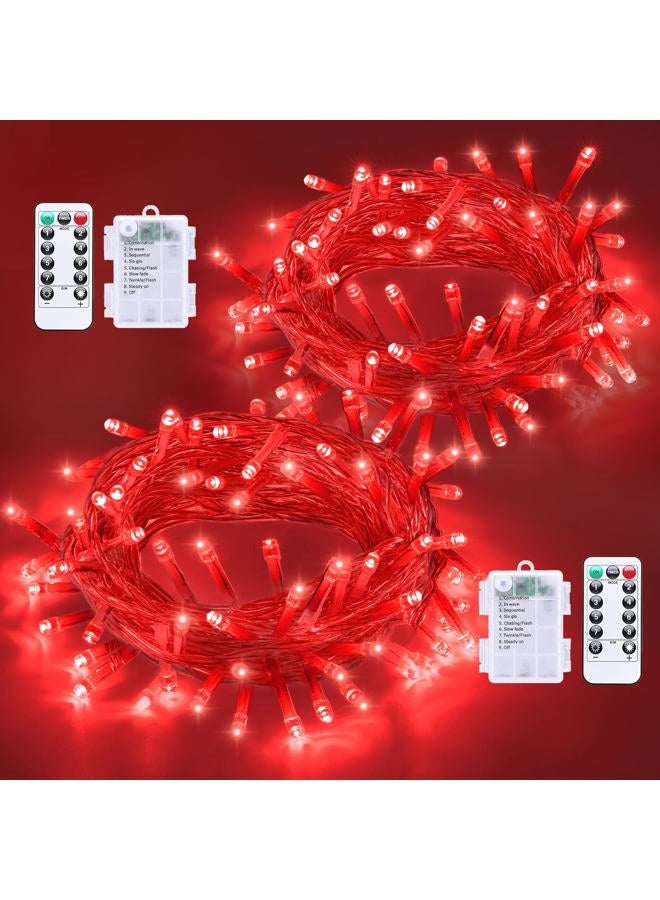 Qitong 2 Pack Red Battery Operated Halloween Lights, Each 33ft 100 LED String Lights Outdoor Waterproof with Remote, Clear Wire Christmas Twinkle Lights with 8 Modes Indoor - Image 1