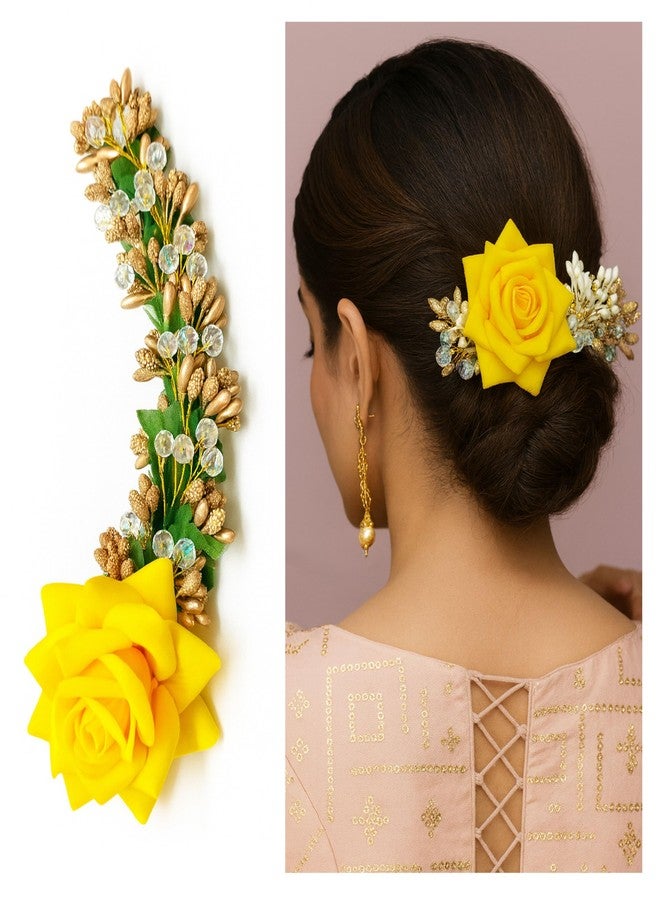Rose Hair Tiara with Crystal Beads and Golden Accents, Wedding Party Hair Accessories for Girls, Decorative Hair Pin (Yellow)