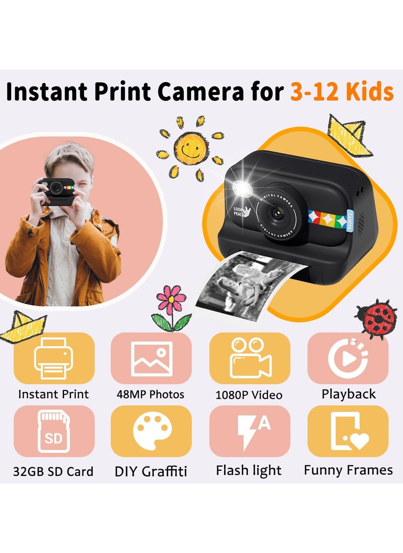 Milatech Instant Print Camera for Kids, 48MP Photos 1080P Digital Video Camera, 32GB Card Black  - Image 2