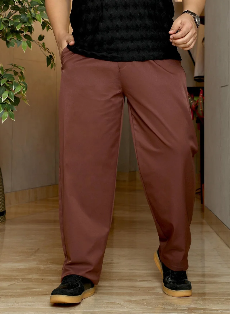 Instafab Plus Instafab Plus Men's Chocolate Brown Single-Pleated Solid Trousers | Mid-Rise , Straight Hem , Button Closure | Solid Plain Polyester Blend Material For Office & Casual Wear