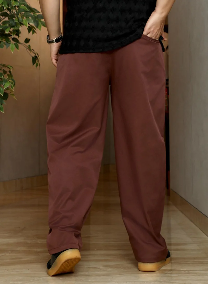 Instafab Plus  Instafab Plus Men's Chocolate Brown Single-Pleated Solid Trousers | Mid-Rise , Straight Hem , Button Closure | Solid Plain Polyester Blend Material For Office & Casual Wear for Men | Best Price UAE