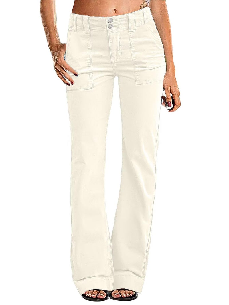 Flamingals Women's Wide Leg Pants for Women Mid Waist Dress Flare Straight Leg Corduroy Pants Work 31" Inseam Trouser White XL - Image 1