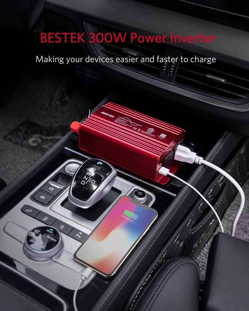BESTEK 300Watt Pure Sine Wave Power Inverter - DC 12V to AC 110V Car Plug Inverter Adapter, Power Converter with 4.8A Dual USB Charging Ports and 2 AC Outlets Car Charger - Image 2