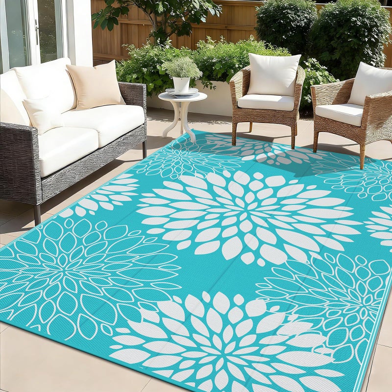 Ileading Waterproof Outdoor Rug 6x9 Reversible Plastic Straw Patio Rug Portable Indoor Outdoor RV Camping Mat Carpet for Deck Porch Balcony Backyard Picnic Floral Teal - Image 2