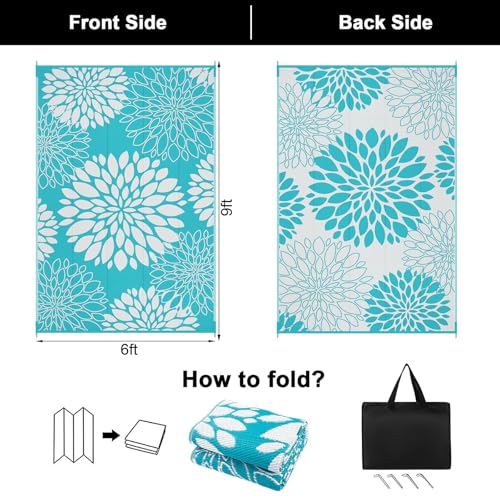 Ileading Waterproof Outdoor Rug 6x9 Reversible Plastic Straw Patio Rug Portable Indoor Outdoor RV Camping Mat Carpet for Deck Porch Balcony Backyard Picnic Floral Teal - Image 3