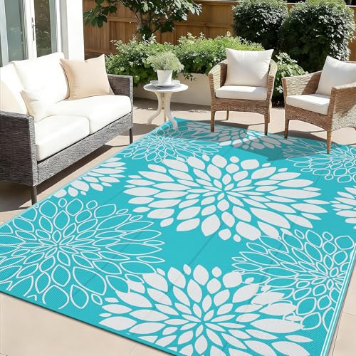 Ileading Waterproof Outdoor Rug 6x9 Reversible Plastic Straw Patio Rug Portable Indoor Outdoor RV Camping Mat Carpet for Deck Porch Balcony Backyard Picnic Floral Teal - Image 1