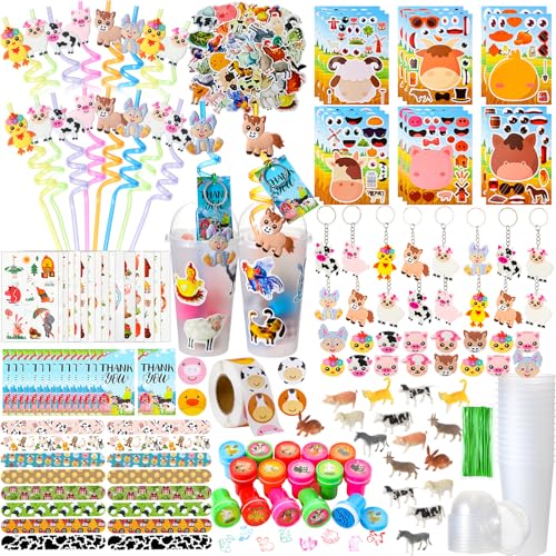 Poen 172 Pcs Farm Animal Party Favors Set Include Cup Straw Stamp Clap Bracelet Keychain Ring Puzzle Sticker Animal Miniature Card for Birthday Party Baby Shower Goody Bag Stuffer - Image 1