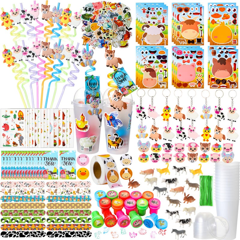 Poen 172 Pcs Farm Animal Party Favors Set Include Cup Straw Stamp Clap Bracelet Keychain Ring Puzzle Sticker Animal Miniature Card for Birthday Party Baby Shower Goody Bag Stuffer - Image 3