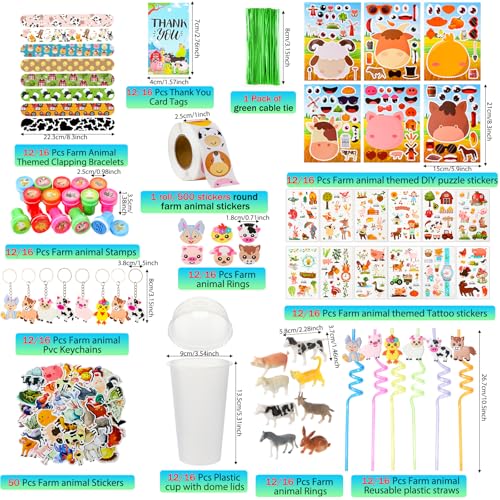 Poen 172 Pcs Farm Animal Party Favors Set Include Cup Straw Stamp Clap Bracelet Keychain Ring Puzzle Sticker Animal Miniature Card for Birthday Party Baby Shower Goody Bag Stuffer - Image 5