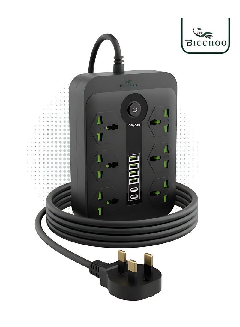 بيتشو سلك تمديد عالمي بطول 2 متر مع مقبس متعدد الوظائف من المملكة المتحدة بثلاثة دبابيس مع 6 عصابة و4 منافذ USB ومنفذين من النوع C ومقبس كهربائي بطول 2 متر وشريط طاقة رئيسي للمنزل والمطبخ والمكتب