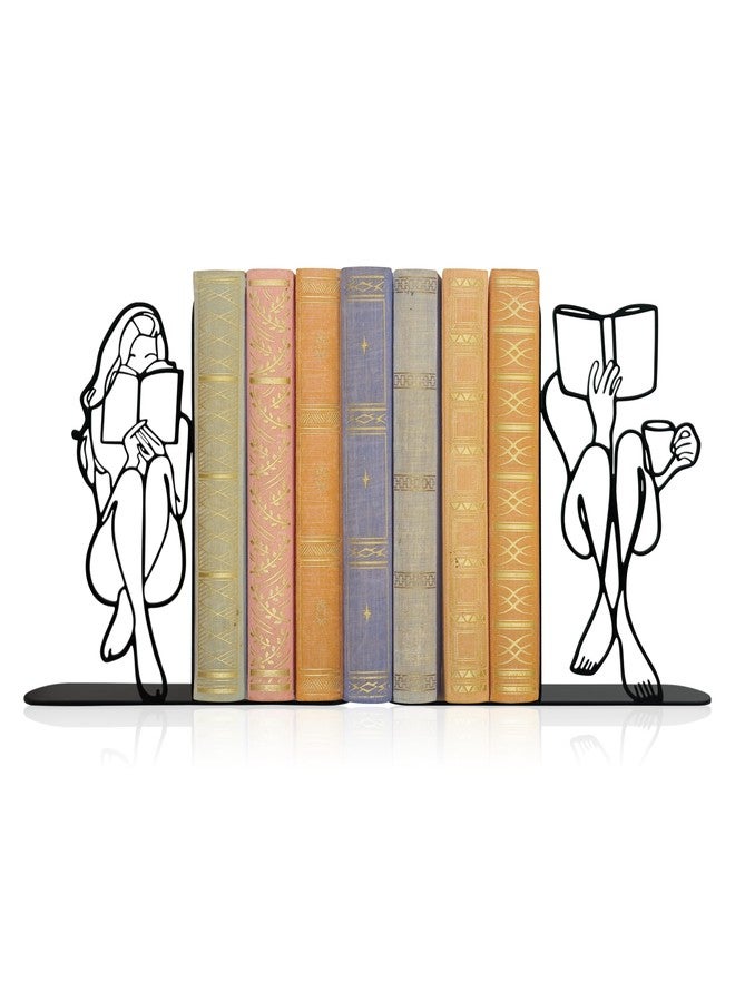 فواصل كتب مزخرفة للرفوف - فواصل كتب على شكل تمثال فتاة تقرأ، فواصل كتب معدنية سوداء لتزيين الكتب الثقيلة، ديكور مميز لمحبي الكتب في المكتبة المنزلية، هدية رائعة لعشاق الكتب من النساء والطالبات - Image 1