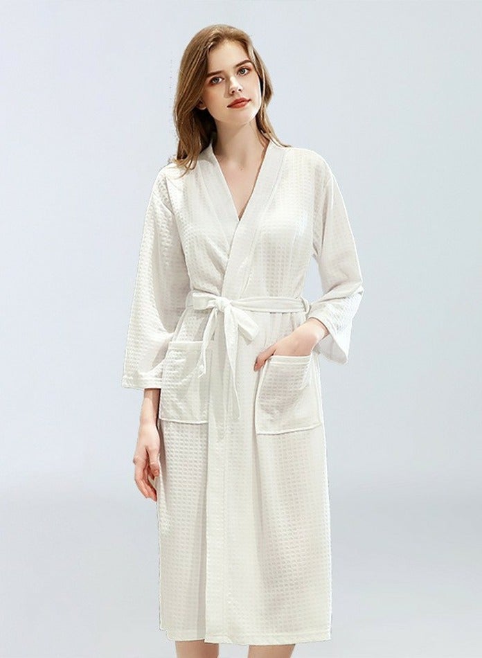 إسكدنيا يونيسكس رداء خفيفة الوزن وافل كيمونو رداء حمام ناعم سريع التجفيف رداء ليلي أبيض - Image 2