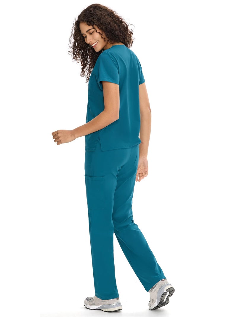 COZYFIT Scrubs for Women Set Medical Uniform - V-Neck Top & Straight Leg Pants with 9 Pockets, Unisex Workwear COZY SCRUBS, Caribbean Blue, XS - Image 2