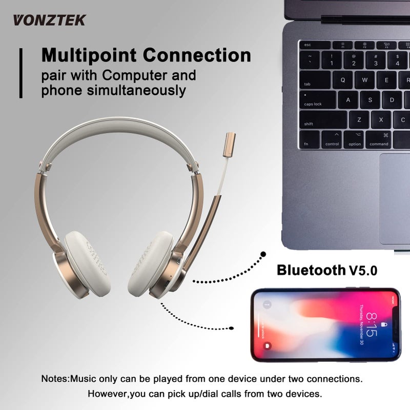 Vonztek Bluetooth Headset with Microphone, Wireless Headphones with Noise Cancelling Mic, 26hrs talktime, On Ear Headphones with Mic Mute for Mac/Laptop/Zoom/Teams/Call Center/Office/Home Gold - Image 3