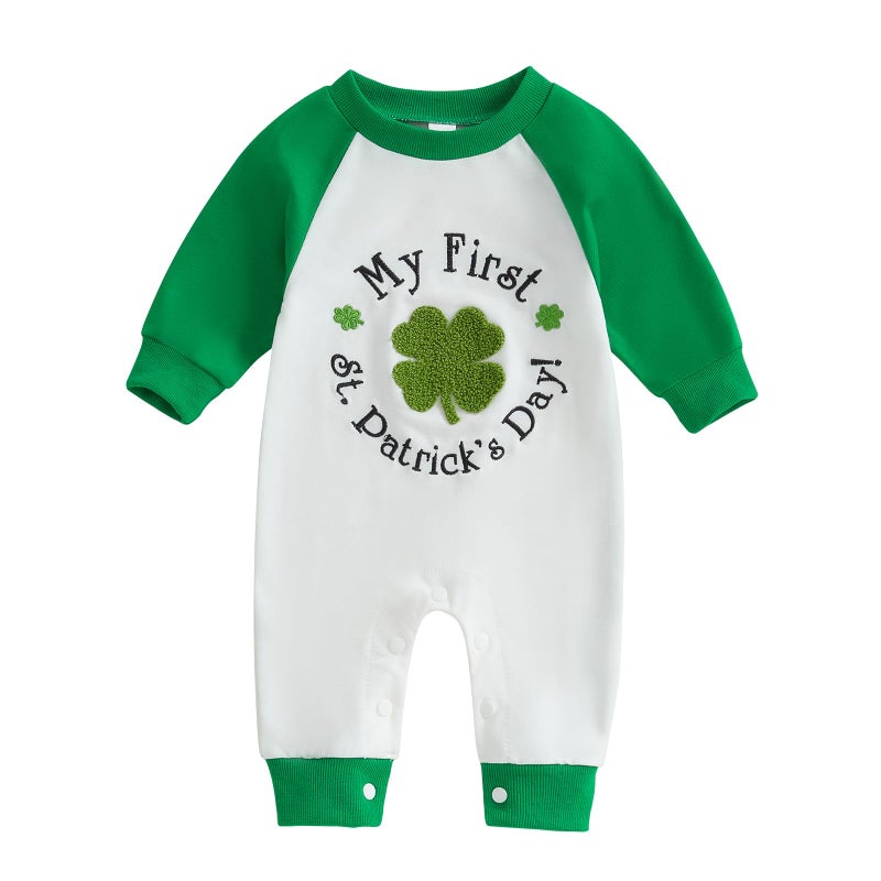 FOCUSNORM My First St. Patrick's Day Baby Girl Boy Outfit Clover Pattern Jumpsuit Romper Onesie Newborn Irish Day Clothes (Cute Green, 0-3 Months) - Image 1