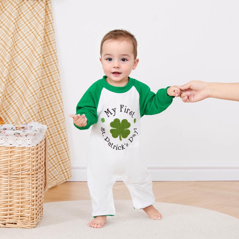 FOCUSNORM My First St. Patrick's Day Baby Girl Boy Outfit Clover Pattern Jumpsuit Romper Onesie Newborn Irish Day Clothes (Cute Green, 0-3 Months) - Image 4