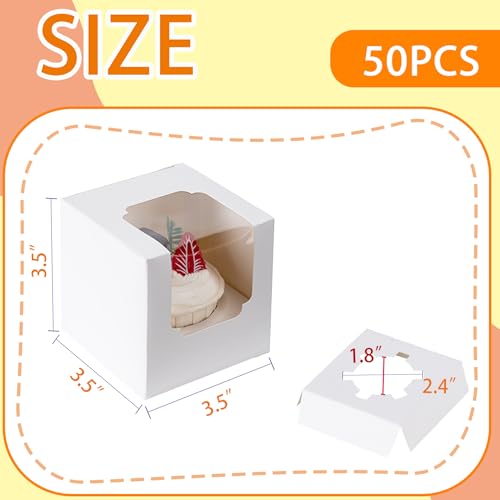 BOOMIBOO 50 Pack Individual Cupcake Containers, Cupcake Boxes with Window, Food Grade Cupcake Holders with Inserts, Stackable Deep Cupcake Carrier (White) - Image 2