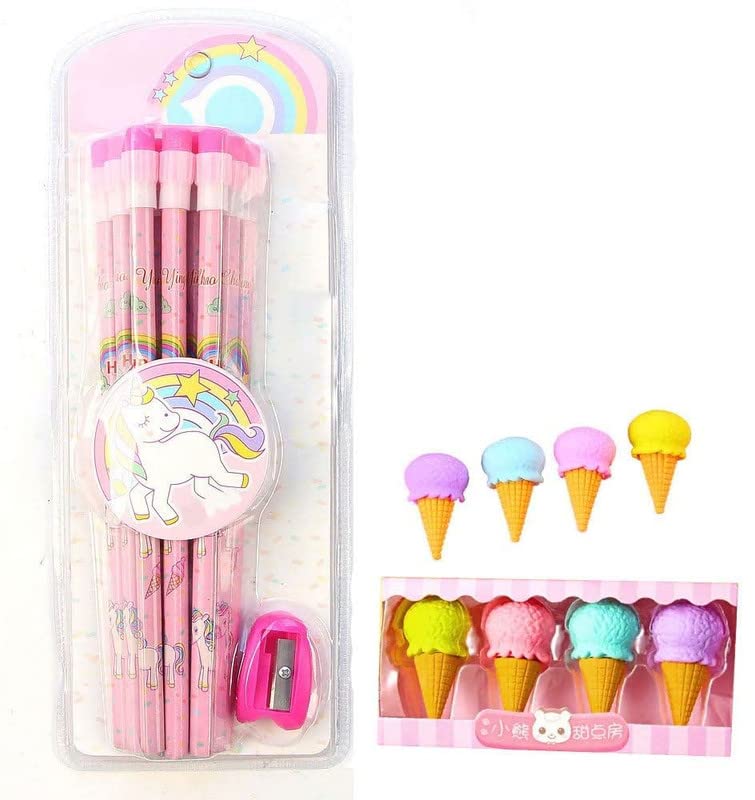YBN Pack of 12 HB Wooden Pencils with Sharpener and 4 Dessert Design Fancy Eraser for Student Kids School Stationery Tools Multicolor 12 UNICORN PENCILS 4 SOFTY ERASER - Image 1