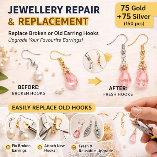 Tia Crafts Earring Hooks for Jewellery Making – DIY Ear Hooks, Jhumka Hooks, Earring Making Material for DIY Jewellery, Resin Art & Craft Supplies - Pack of 75 Golden, 75 Silver (Gold Silver Mix) - Image 2