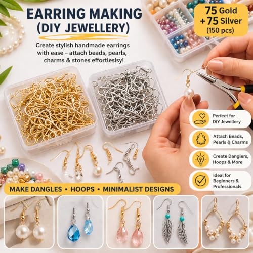 Tia Crafts Earring Hooks for Jewellery Making – DIY Ear Hooks, Jhumka Hooks, Earring Making Material for DIY Jewellery, Resin Art & Craft Supplies - Pack of 75 Golden, 75 Silver (Gold Silver Mix) - Image 4