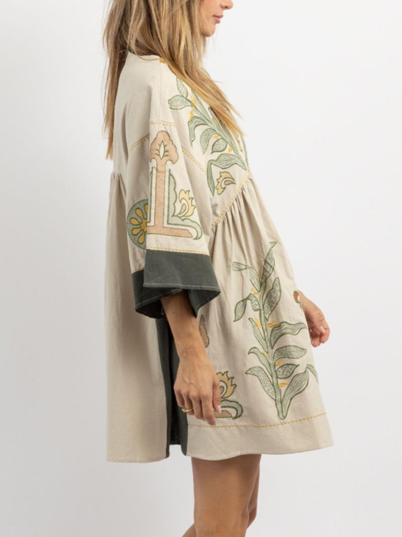 Joiemont Womens Oversized Embroidered Dress with V-Neck and 3/4 Sleeves Vintage Embroidery Babydoll Dress(0603-Olive-L) - Image 3