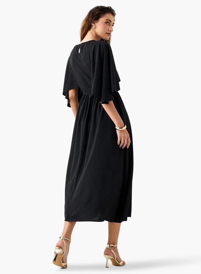 Splash FAV Solid Midi Dress with Flutter Sleeves and Tie-Up Belt