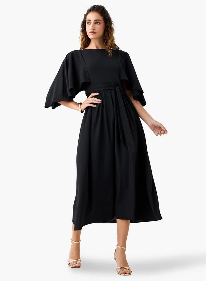 Splash FAV Solid Midi Dress with Flutter Sleeves and Tie-Up Belt