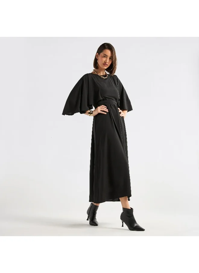 FAV Solid Midi Dress with Flutter Sleeves and Tie-Up Belt