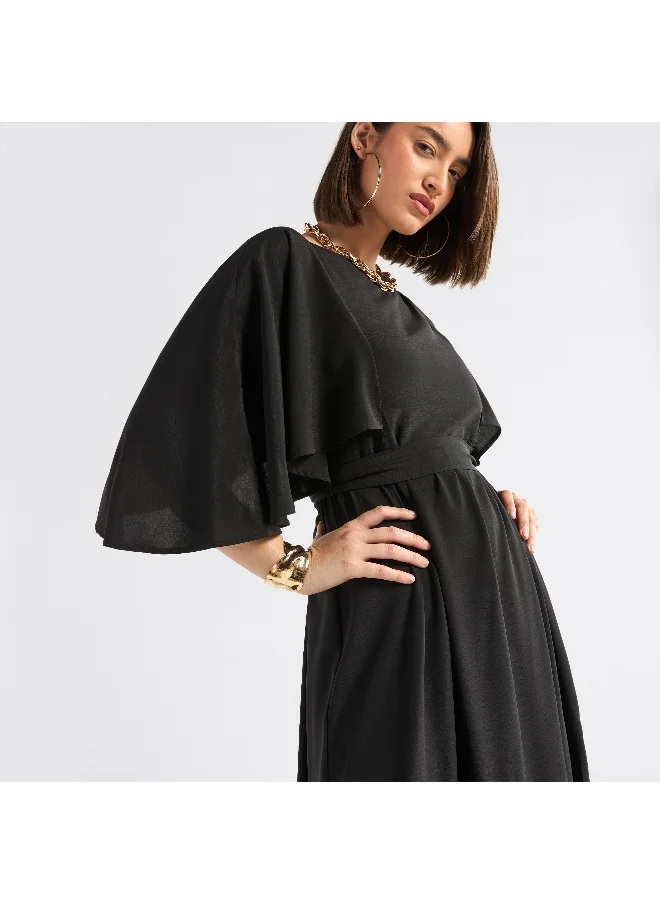 FAV Solid Midi Dress with Flutter Sleeves and Tie-Up Belt