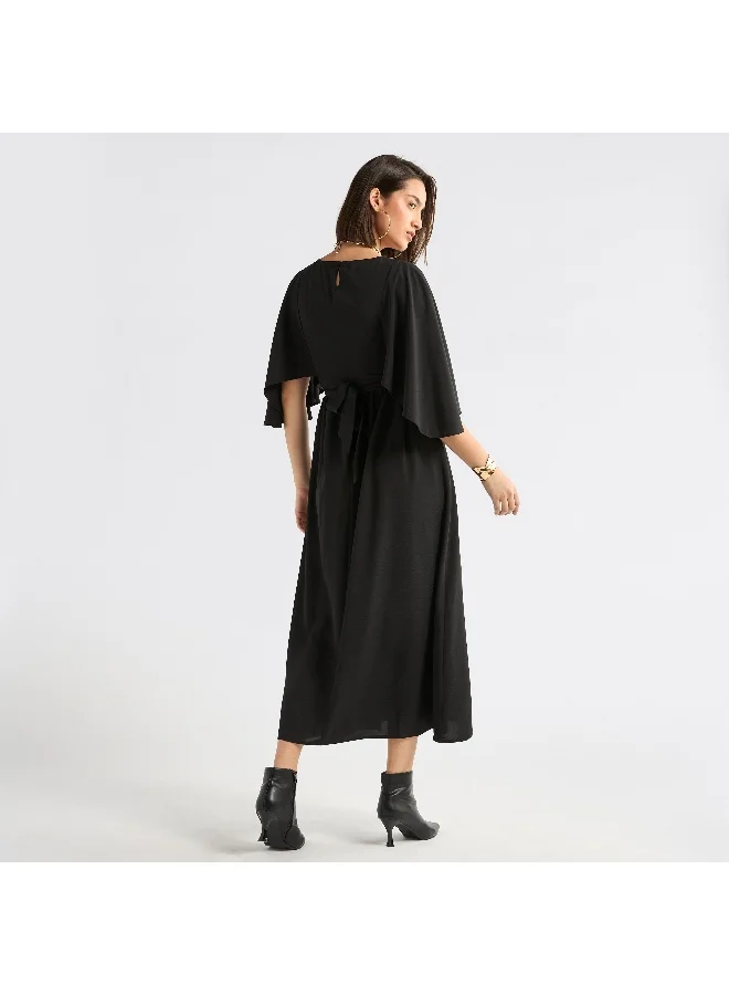 Splash FAV Solid Midi Dress with Flutter Sleeves and Tie-Up Belt