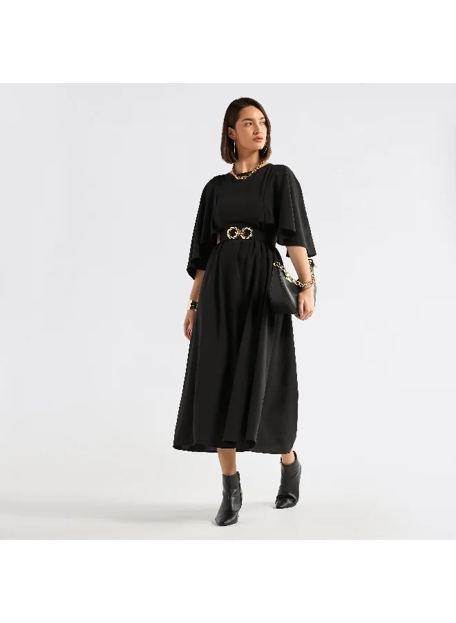 Splash FAV Solid Midi Dress with Flutter Sleeves and Tie-Up Belt