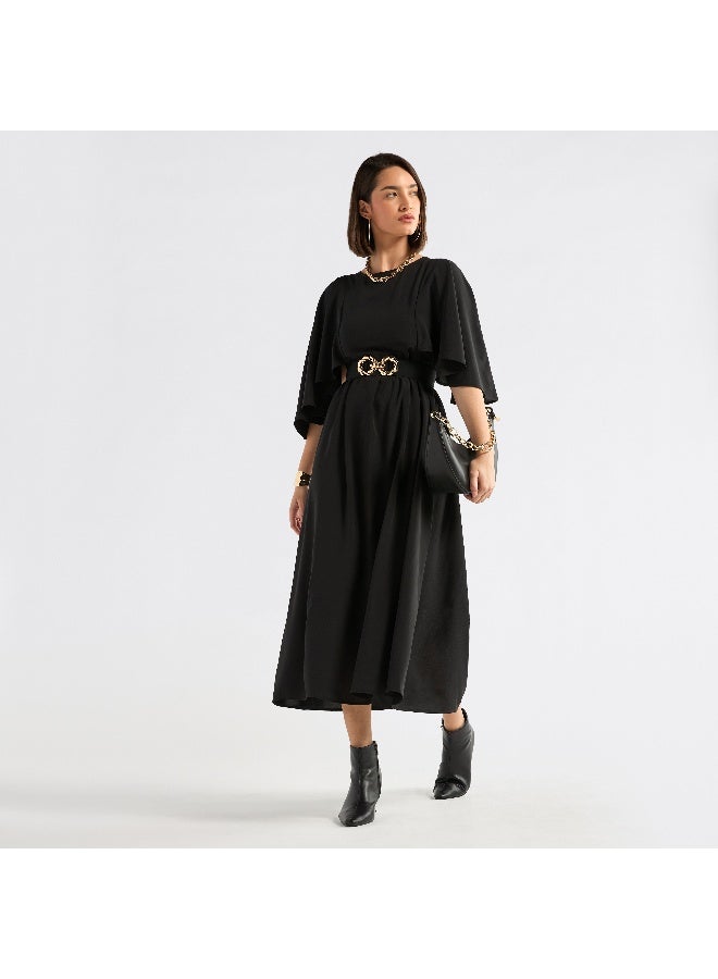 سبلاش فيڤ فستان ميدي سادة بأكمام واسعة وحزام رباط - Image 4