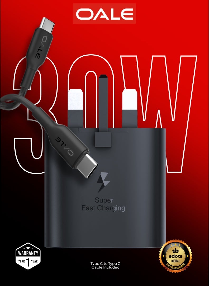 OALE iFast 70 | 30W Super Fast Wall Charger with 100cm Type-C Cable | UK 3-Pin Plug | 12+1 Month Warranty  - Image 1