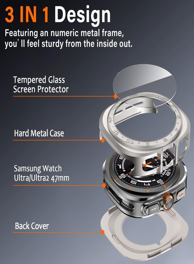Amizee Numeric Metal Case for Samsung Galaxy Watch Ultra/Ultra 2 Screen Protector 47mm, Rugged Back Cover Ultra Thin Bumper Frame Protective Cover for Galaxy Watch 7/8 Ultra, Numeric Titanium - Image 3