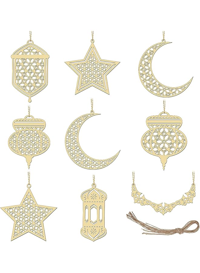The Bros Ramadan Wooden Ornament, 9pcs Moon Star Pendant Ramadan Kareem Hollow Lantern Wind Light Hanging Pendant Ornament Eid Mubarak Decoration - Image 1