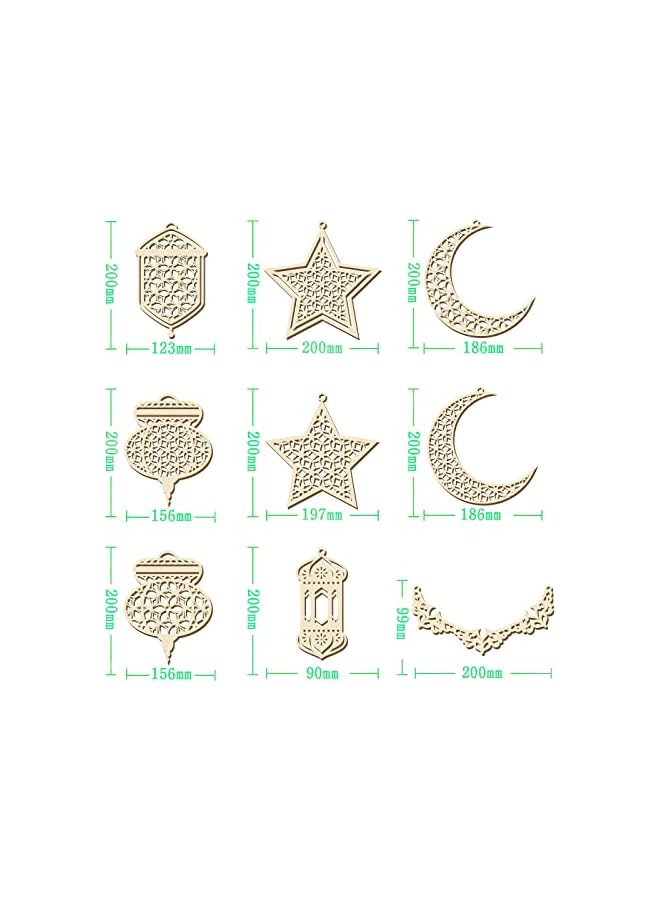 The Bros Ramadan Wooden Ornament, 9pcs Moon Star Pendant Ramadan Kareem Hollow Lantern Wind Light Hanging Pendant Ornament Eid Mubarak Decoration - Image 2