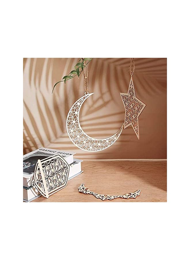 The Bros Ramadan Wooden Ornament, 9pcs Moon Star Pendant Ramadan Kareem Hollow Lantern Wind Light Hanging Pendant Ornament Eid Mubarak Decoration - Image 4