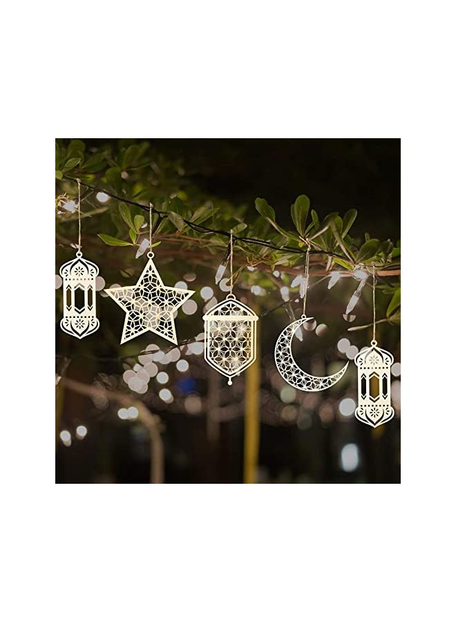 The Bros Ramadan Wooden Ornament, 9pcs Moon Star Pendant Ramadan Kareem Hollow Lantern Wind Light Hanging Pendant Ornament Eid Mubarak Decoration - Image 5