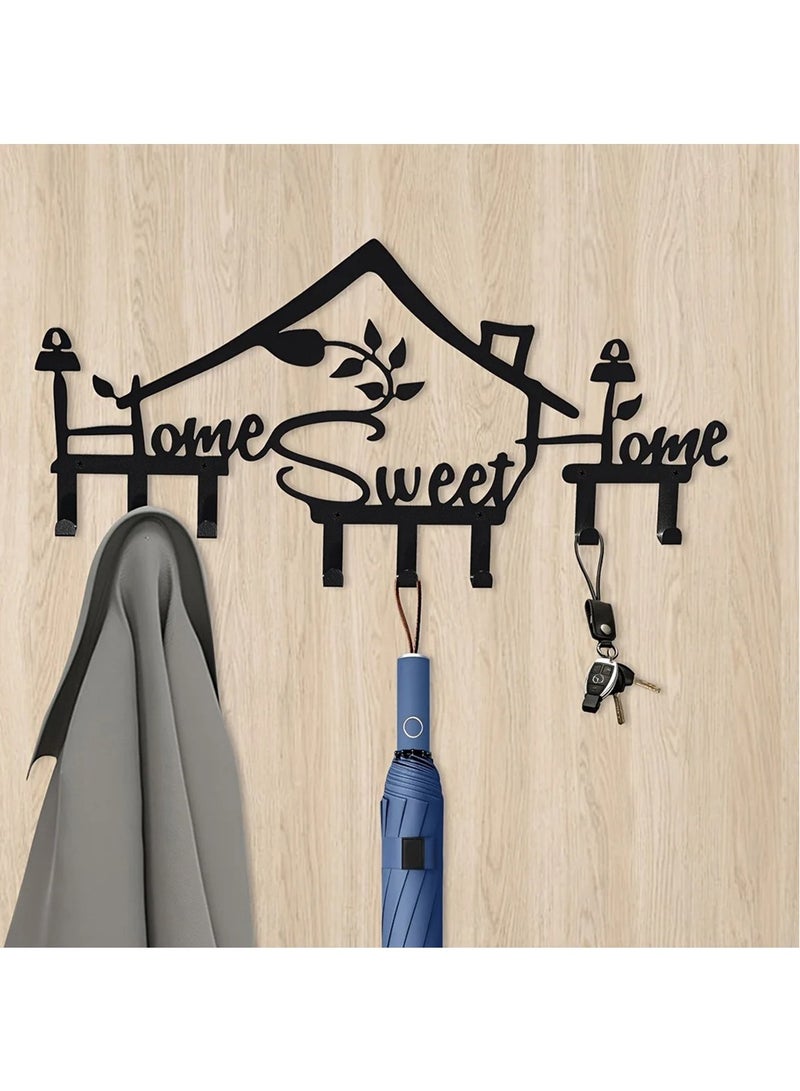Home Sweet Home Sign Wall Hook,Black Metal Key Holder Wall Mount Organizer Rack with 8 Hooks Wall Decorative for Office Kitchen Bedroom Doorway Hallway (Black) - Image 1